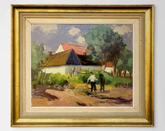Origineel Zweeds olieverfschilderij, Axel Hamborn, landelijk tafereel, halverwege de eeuw, Scandinavische kunst