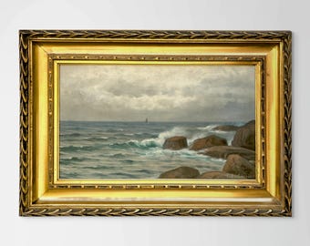 Original schwedisches Ölgemälde, Seelandschaft Schiff, 1900er Jahre, Küstenwandkunst