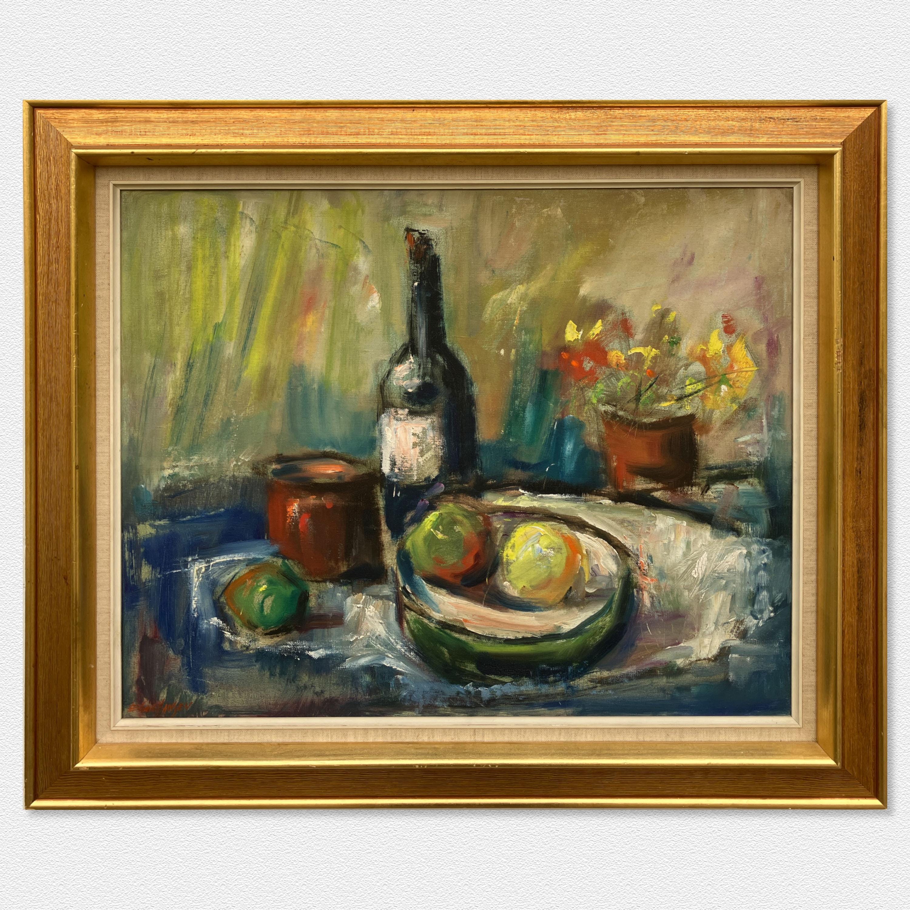 Large Vintage Danish Expressionist Oil Painting – Still Life with Fruit & Flowers – Framed Fine Art 1970s