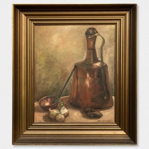 Still Life with Copper Jug & Onions – Vintage Realist Oil Painting by Danish Artist -  Framed Danish Original Fine Art