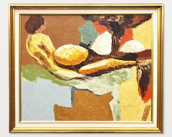 Origineel olieverfschilderij, abstract liggend figuur, Scandinavische moderne, getextureerde muurkunst