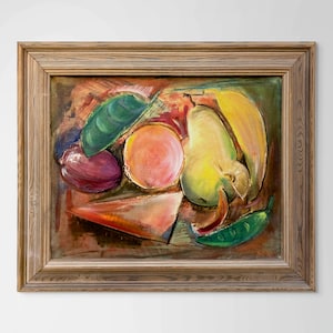 May include: An abstract still life painting of fruit in a wooden frame. The artwork features a pear, orange, and other fruits in shades of yellow, green, red, and purple. The painting has a textured appearance.