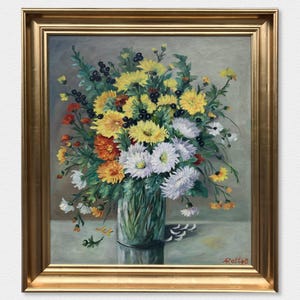 Moody Floral still life oil painting, floral painting, flower painting, painting of flowers, Danish original oil on canvas, gold framed