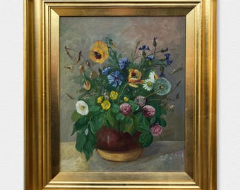 Beautiful Vintage Oil Painting of Flowers - Floral Still Life - Wild Flower Bouquet - Signed Original Art -  Danish Oil Painting- Debois