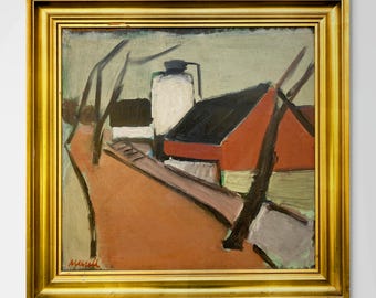 Original Ölgemälde, Häuser und Straße, Danish Modernist, Mid Century, nordisches Dekor