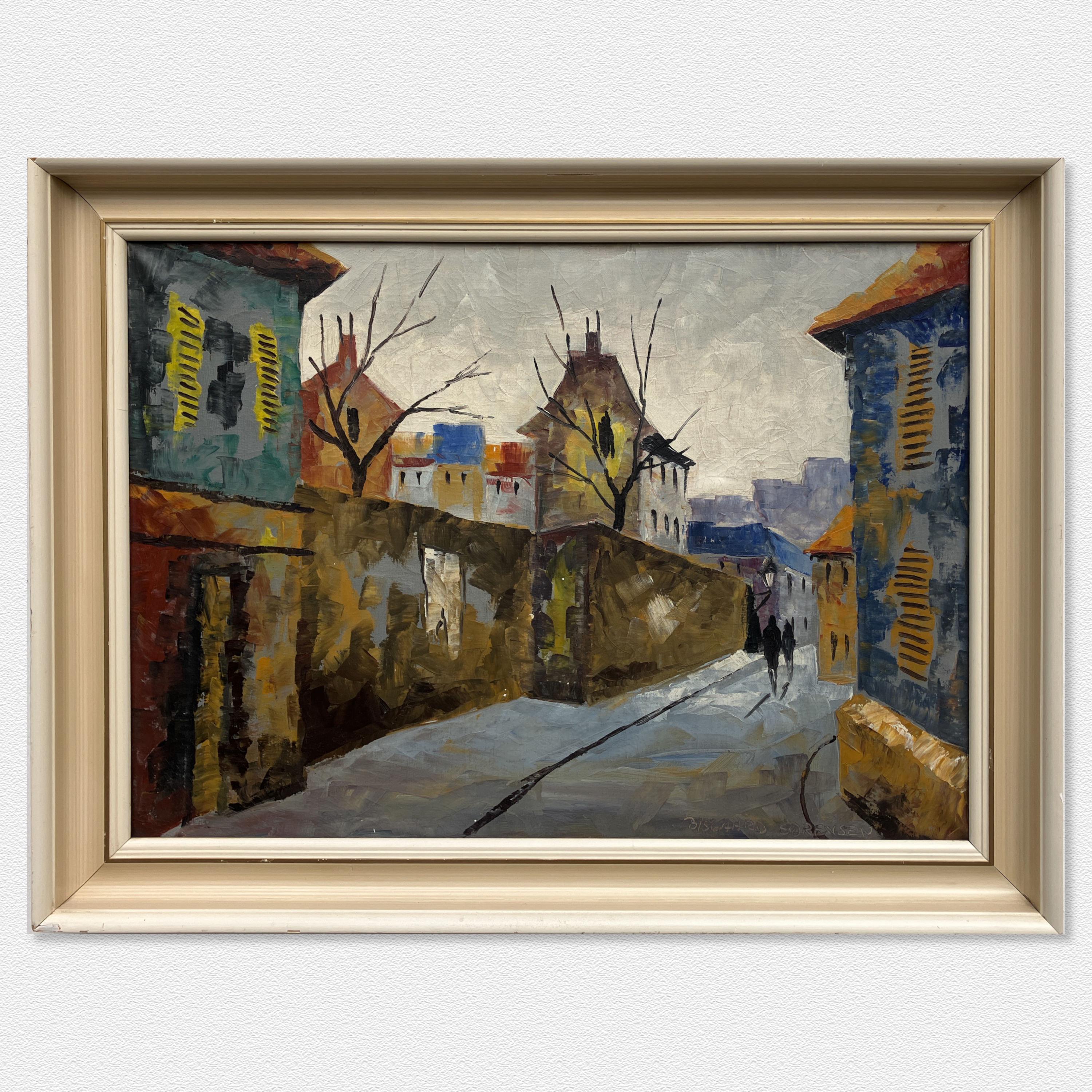 Vintage Danish Oil Painting: Winter Village Scene by Jens Bisgaard