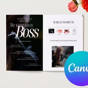 May include: A black and white image of a book titled "Be your own Boss" with the text "Tattoo Schulung Trainerbook" at the top. The book is open to a page with a list of topics, including "Anatomy & Farbenlehre" and "Aufbau der Maschine". The opposite page has the text "Schulungsbuch" at the top and a section titled "Tattoo Basic Schulungsunterlagen".