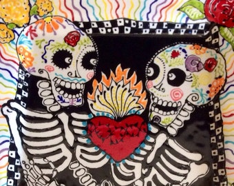 Skeleton Ceramic Platter with Flaming Sacred Heart