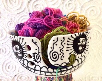 Laughing Skull Yarn Bowl Jumbo with Spirals and Polka Dots Ceramic Original Design