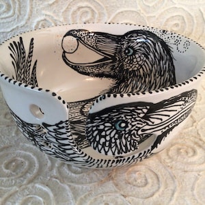 In Stock Jumbo Raven Yarn Bowl with 3 Holes, Spiral Yarn Channel & Raven Stealing the Moon