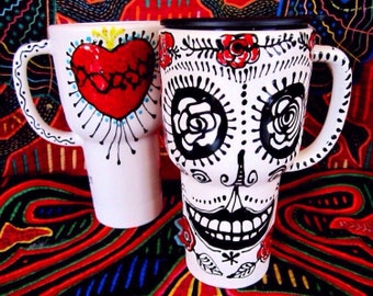 In Stock Frida Kahlo Skull and Sacred Heart 16 oz Travel Mug Handpainted Ceramic Original Design for Day of the Dead and Beyond