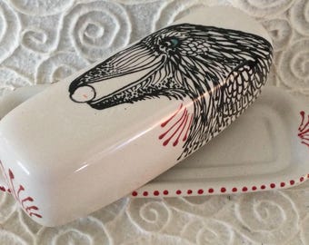 Raven Butter Dish Set Handpainted Ceramic