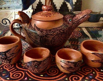 Custom Raven Cacao-Teapot Set  with 4 Tea Bowls Mica Magic Clay from New Mexico