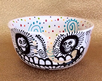 In Stock Laughing Skull Polka Dot and Spiral Yarn Bowl