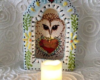 Barn Owl Sacred Heart Shrine for Wall Shelf and Altar