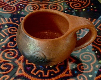 Spiral Dance Mica Mug from Taos, New Mexico, Shimmering Terra Cotta Smooth Burnished Unglazed Mica Clay with Fire Clouds