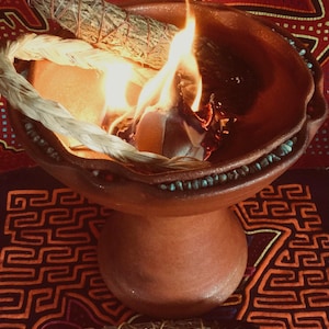 Custom Copalero with Turquoise &  Custom Gemstone Beads for Burning Bowl Rituals and Shamanic Ceremony Mica Clay from New Mexico