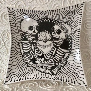 Skeleton Lovers Ceramic Plate With Sacred Heart for Wedding and Anniversary Gift from Taos New Mexico image 2