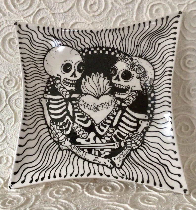 Skeleton Lovers Ceramic Plate With Sacred Heart for Wedding and Anniversary Gift from Taos New Mexico image 2