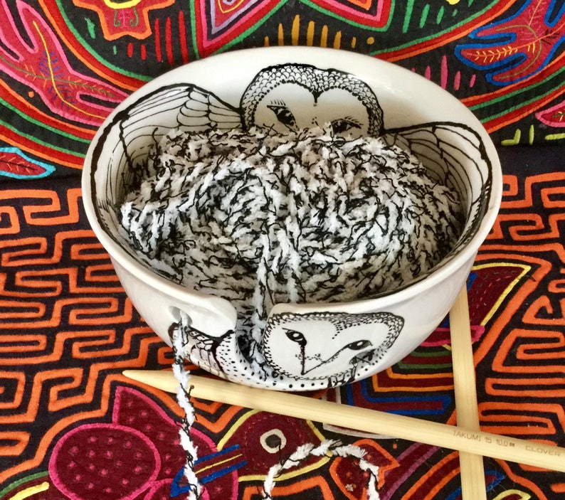 Barn Owl Yarn Bowl Large Hand Painted Ceramic with Four Yarn Etsy