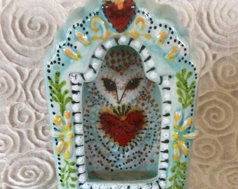 Barn Owl Sacred Heart Shrine for Wall Shelf and Altar