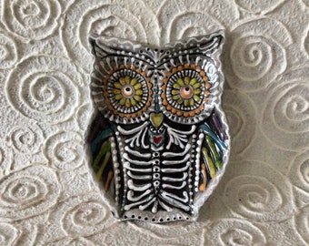In Stock Rainbow Sugar Skull Owl Jumbo Spoon Rest Handpainted Ceramic