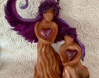 Grief Mother & Her Daughter Medicine Spirit, Mica Clay, Fiber and Gemstone Sculpture To Soothe A Broken Heart