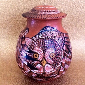 Dreamtime Owl Cremation Memorial Urn of New Mexico Mica Clay Custom Order with FAIR Shipping image 1