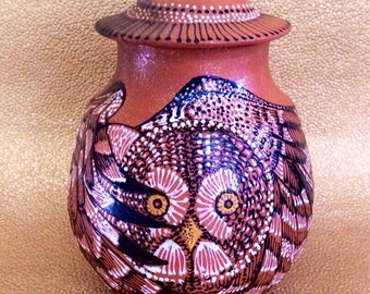 Dreamtime Owl Cremation Memorial Urn of New Mexico Mica Clay Custom Order with FAIR Shipping