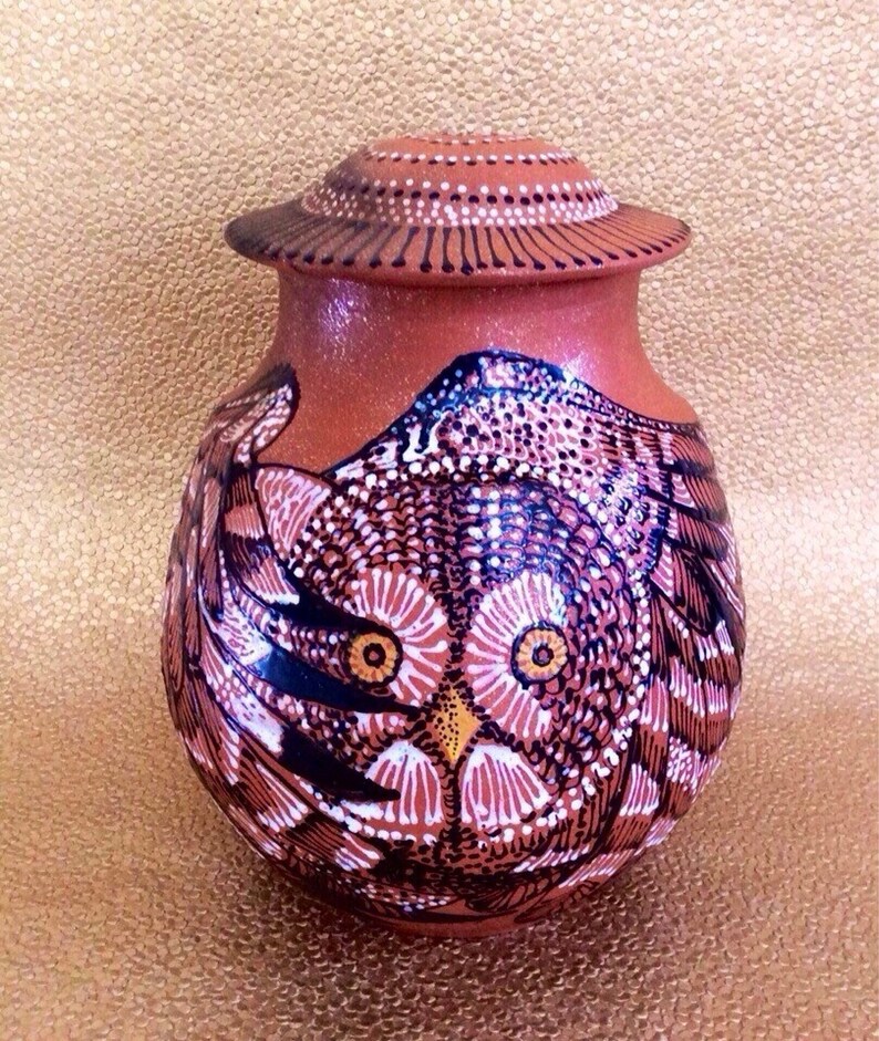 Dreamtime Owl Cremation Memorial Urn of New Mexico Mica Clay Custom Order with FAIR Shipping image 1