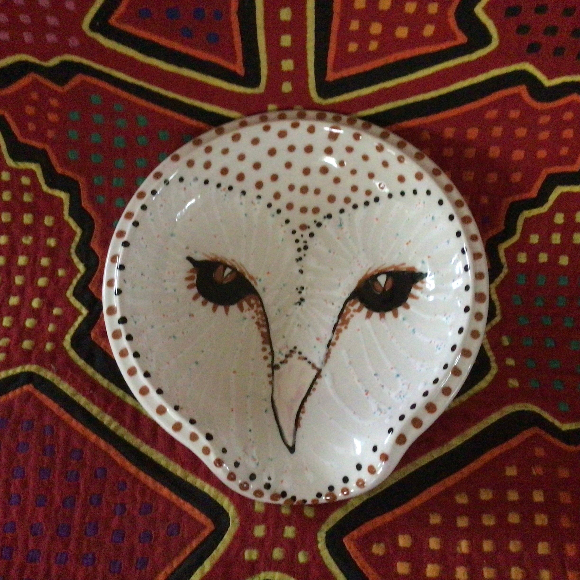 Barn Owl Yarn Bowl Large B & W Hand Painted Ceramic With Four Yarn Channel  