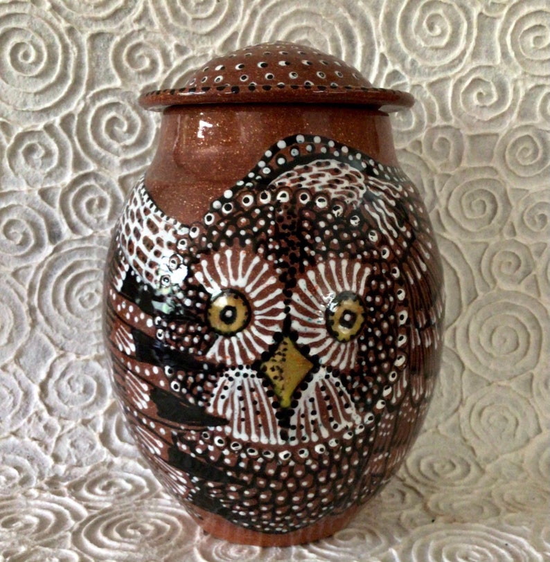 Dreamtime Owl Cremation Memorial Urn of New Mexico Mica Clay Custom Order with FAIR Shipping image 2