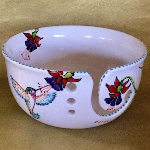 In Stock Jumbo Hummingbird Yarn Bowl Large Hand Painted Ceramic with Three Yarn Channels