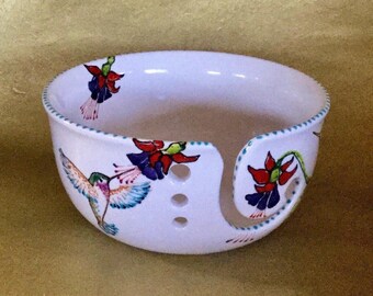 In Stock Jumbo Hummingbird Yarn Bowl Large Hand Painted Ceramic with Three Yarn Channels