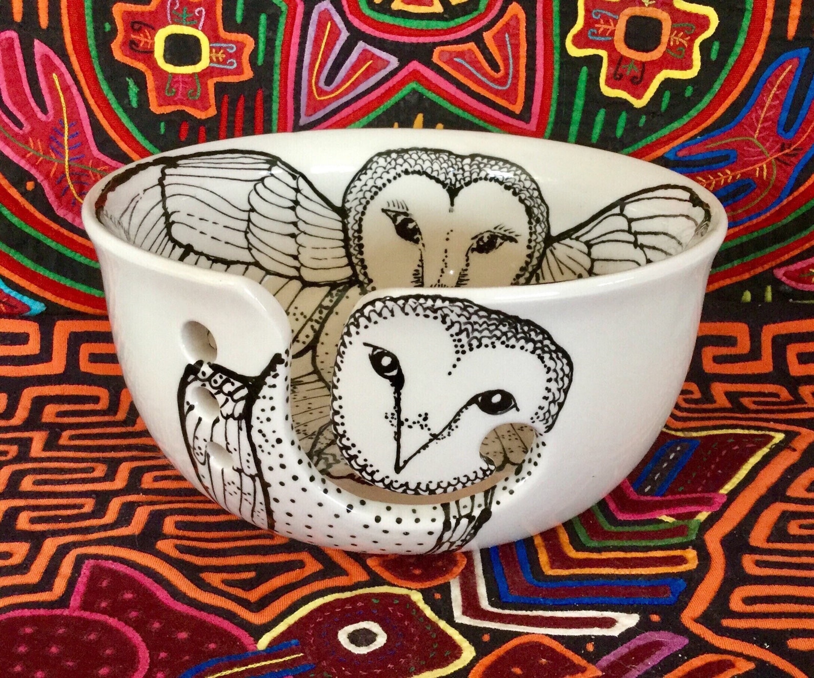 Barn Owl Yarn Bowl Large Hand Painted Ceramic With Four Yarn Etsy
