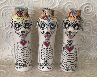 In Stock Puppy Dog Skeleton Vase and Candle Holder Day of the Dead and Year Round Celebrations