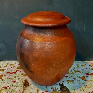 May include: A handcrafted, lidded ceramic jar with a rustic, earthy aesthetic. The jar is a warm, reddish-brown color with darker, mottled areas. The lid sits atop the jar, creating a cohesive, functional design. The jar is likely used for storage or decorative purposes.