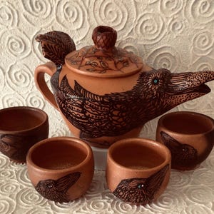 Raven Cacao-Teapot Set  with 4 Tea Bowls Mica Magic Clay from New Mexico