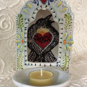Custom Raven Sacred Heart Shrine with Tealight Dish for Wall or Shelf or Altar