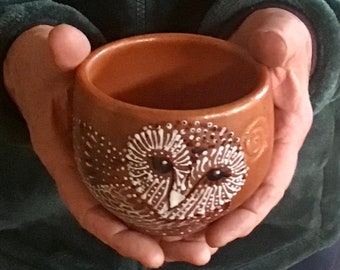 Owl Tea Bowl or Whiskey Cup of Sparkling Mica Clay from New Mexico Free Shipping