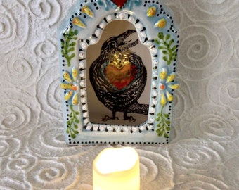 Taos Raven Sacred Heart Shrine with Tealight for Wall or Shelf or Altar