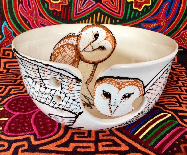 Custom Barn Owl Yarn Bowl Large Hand Painted Ceramic with Four Etsy