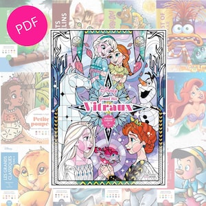 May include: A Disney "Vitraux" coloring book featuring Elsa, Anna, and other characters. The cover art has a stained-glass style with the text "Disney Grand bloc Vitraux" and "Atelier Creatif". The image is surrounded by other Disney-themed books.
