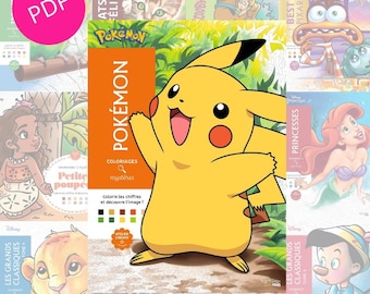 Puede incluir: Una colección de libros para colorear para niños, con Pikachu de Pokémon como protagonista. Otros libros presentan personajes de Disney, Pixar y Scooby-Doo. El texto "PDF" es visible en un círculo rosa.