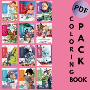 May include: A collection of 10 coloring book covers featuring Disney characters. The covers are colorful and feature a variety of characters, including princesses, Pixar characters, and classic Disney characters. The covers are all titled "Les Grands Classiques" and are in French.