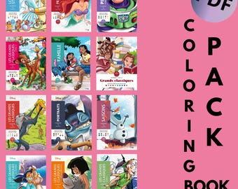 May include: A collection of 10 coloring book covers featuring Disney characters. The covers are colorful and feature a variety of characters, including princesses, Pixar characters, and classic Disney characters. The covers are all titled "Les Grands Classiques" and are in French.