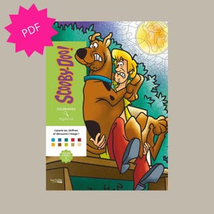 Peut inclure: Un livre de coloriage Scooby-Doo! avec le titre en grandes lettres colorées. La couverture présente Scooby-Doo et Sammy, avec le texte "Colorie les chiffres et découvre l'image !" et une étoile rose "PDF".