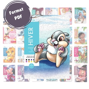 May include: A colouring book featuring a cartoon image of a grey rabbit with pink feet. The book cover is blue and white with the word "HIVER" in large, white letters. The book is part of a collection of colouring books with a variety of Disney characters.