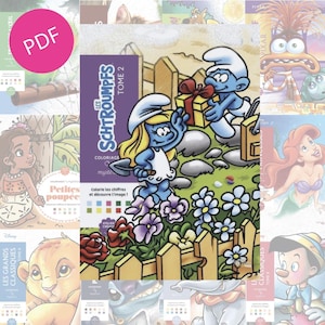 May include: A collection of children's coloring books with cartoon characters. The central image displays Smurfette and a Smurf, with the text "LES SCHTROUMPFS TOME 2". Other books feature Disney characters and the word "PDF".