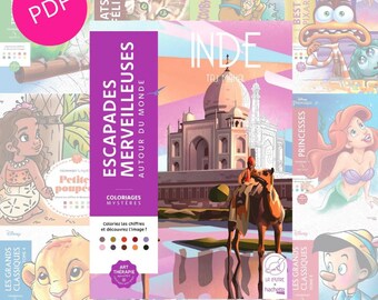 Puede incluir: Una colección de libros para colorear con varios temas, incluyendo personajes de Disney, animales y destinos de viaje. Los libros tienen portadas coloridas con ilustraciones y texto en francés. Un círculo rosa con "PDF" está en la esquina superior izquierda.